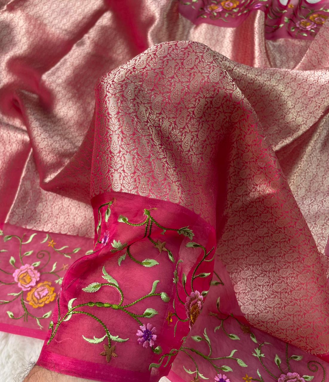 Banarasi Handloom Pure Kora Brocade Saree with Heavy Petit Point Embroidery