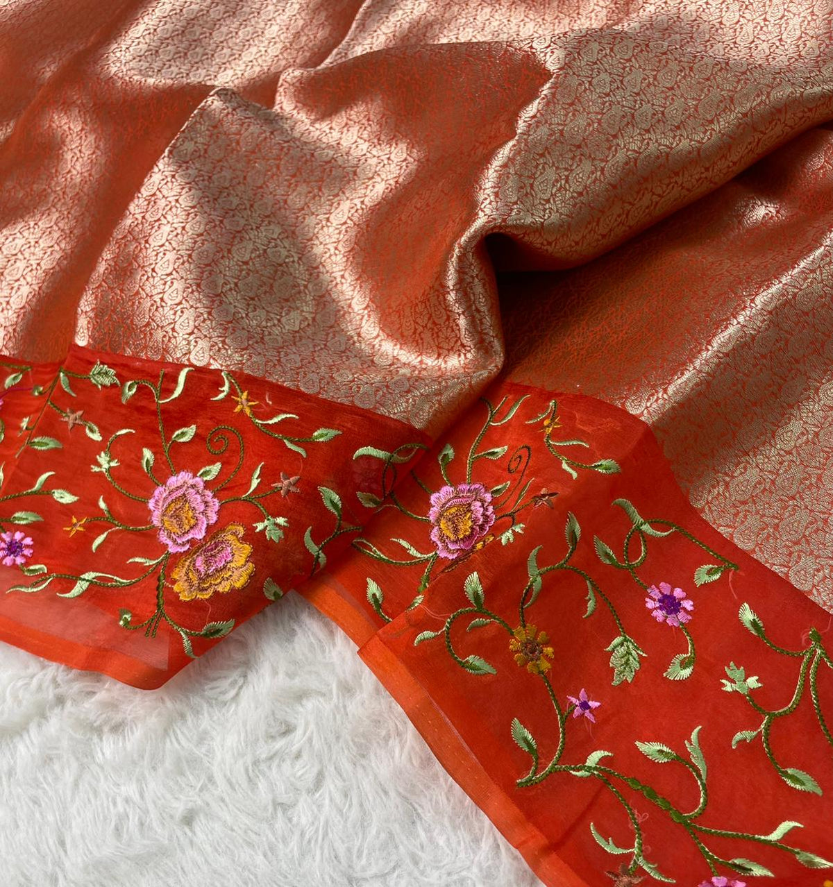 Banarasi Handloom Pure Kora Brocade Saree with Heavy Petit Point Embroidery