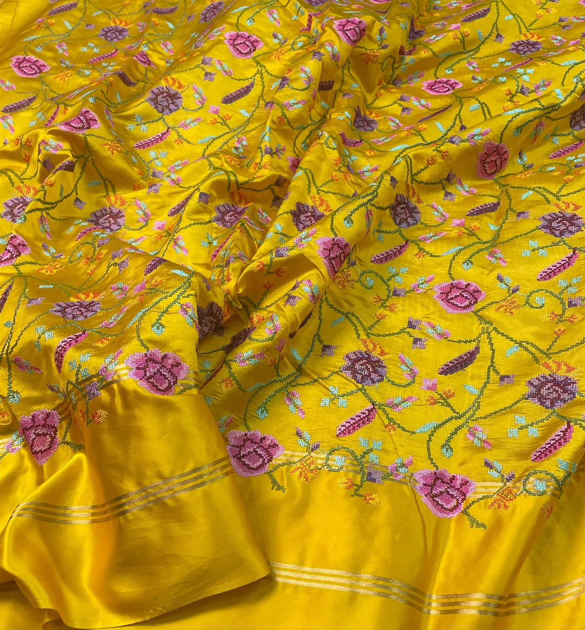 Pure Tissue Stripe Petit Point Embroidery Saree With Satin Mashru Border