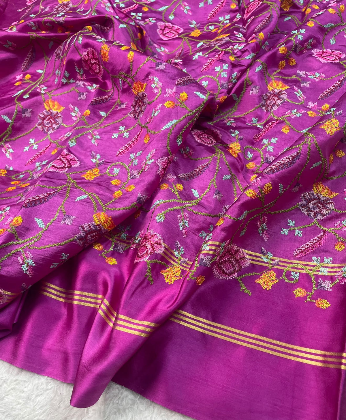 Pure Tissue Stripe Petit Point Embroidery Saree With Satin Mashru Border