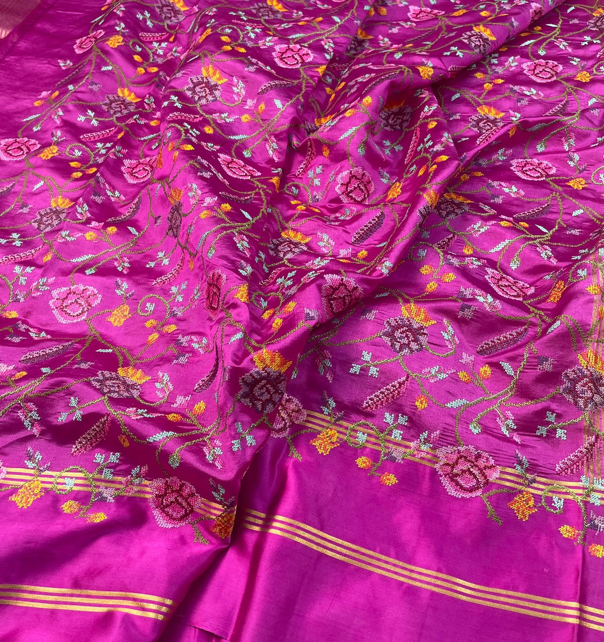 Pure Tissue Stripe Petit Point Embroidery Saree With Satin Mashru Border