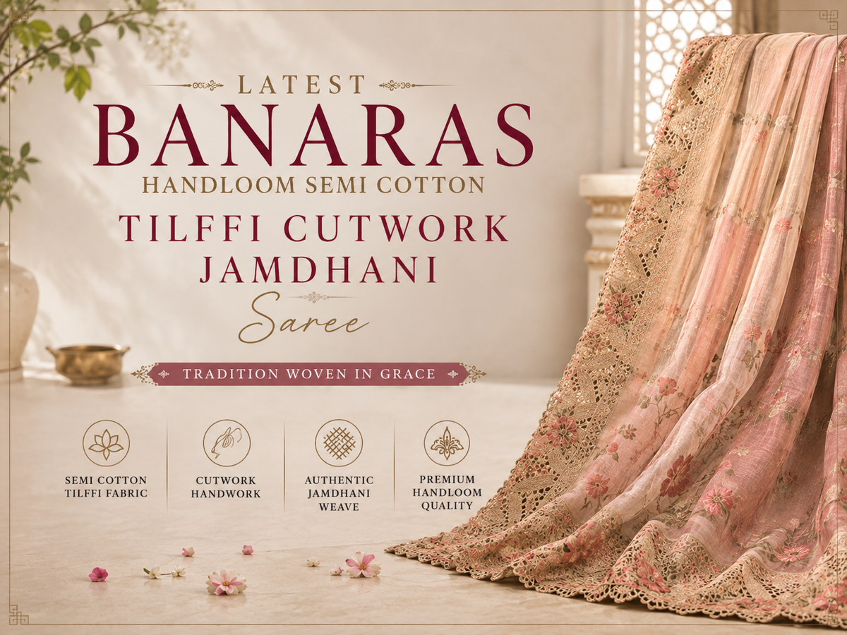 Banarasi Handloom semi cotton tilffi cutwork jamdhani saree
