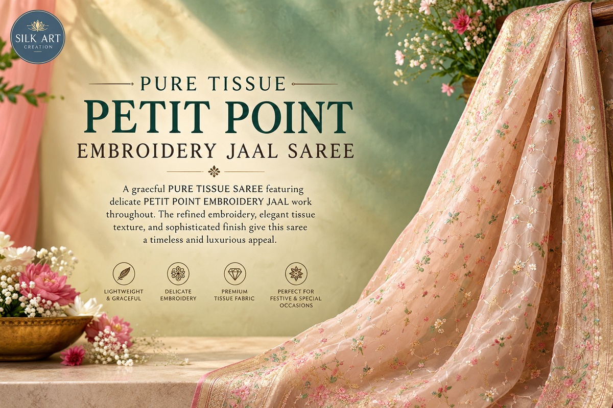PURE TISSUE PETIT POINT EMBROIDERY JAAL SAREE