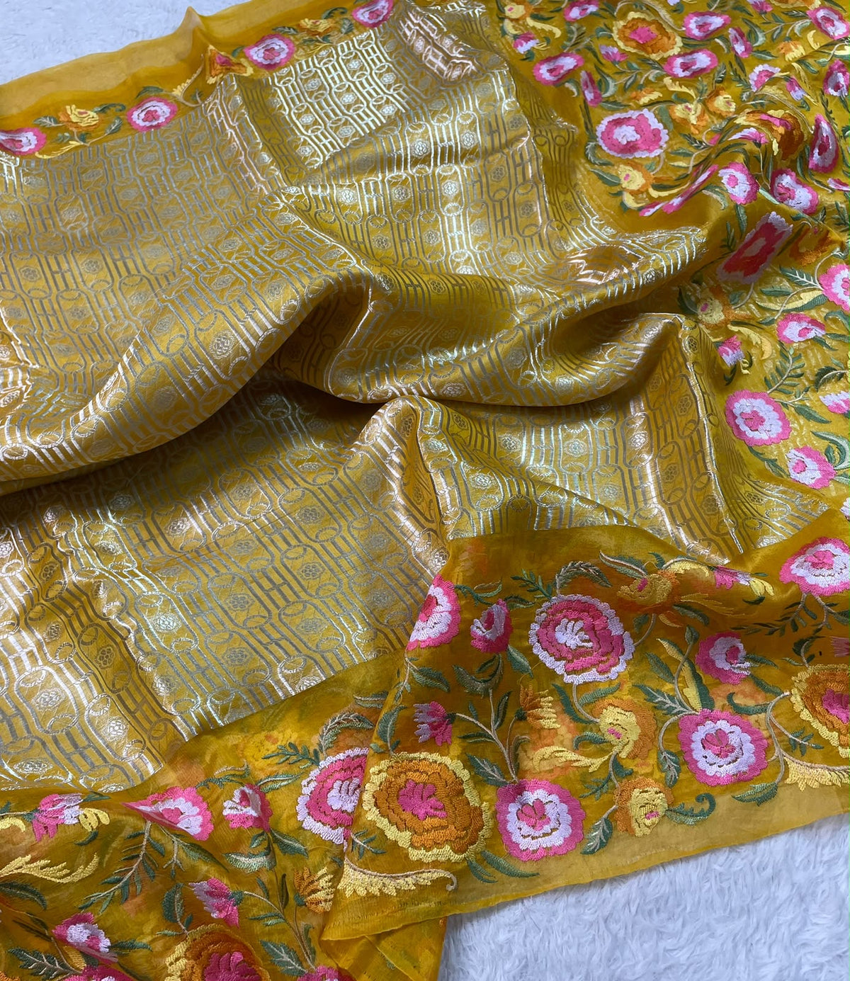 Kora Brocade Petit Point Embroidery Saree