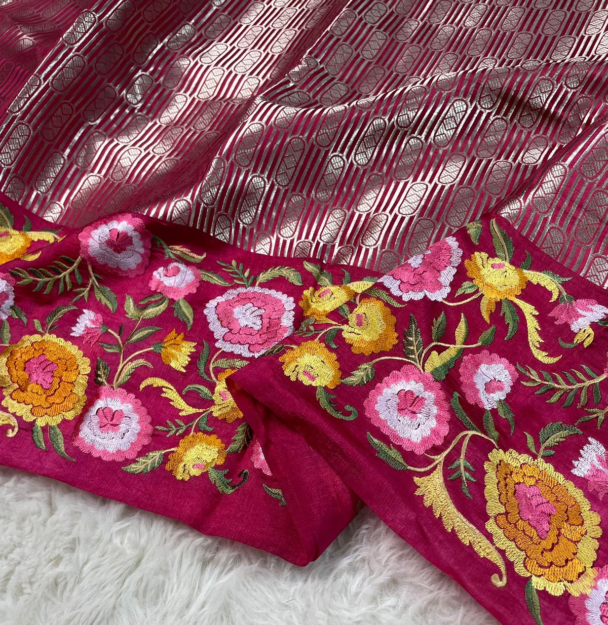 Kora Brocade Petit Point Embroidery Saree