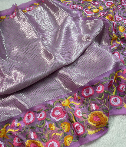 Kora Brocade Petit Point Embroidery Saree