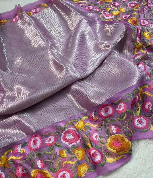 Kora Brocade Petit Point Embroidery Saree