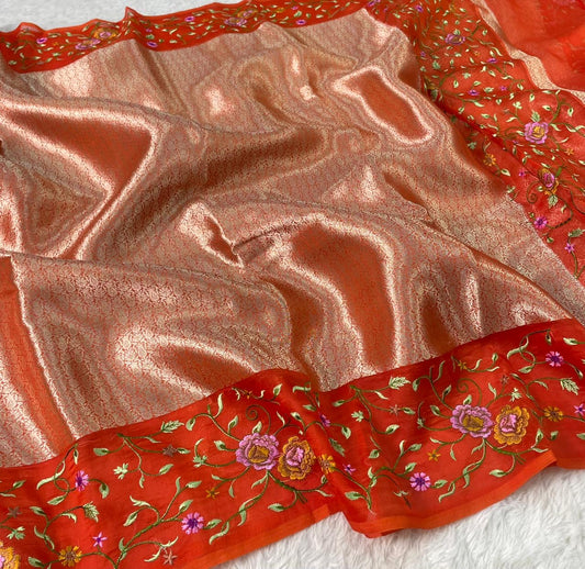 Banarasi Handloom Pure Kora Brocade Saree with Heavy Petit Point Embroidery