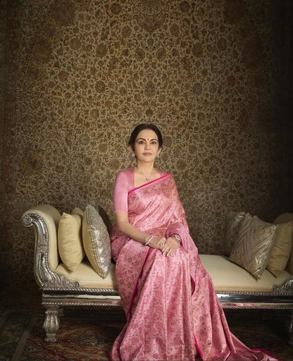 Nita Ambani in Regal Pure Katan Jamdani Silk Banarasi Saree – Handwoven Tanchui Brocade