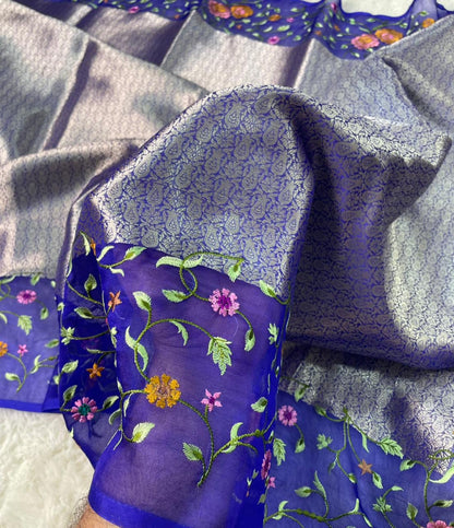 Banarasi Handloom Pure Kora Brocade Saree with Heavy Petit Point Embroidery