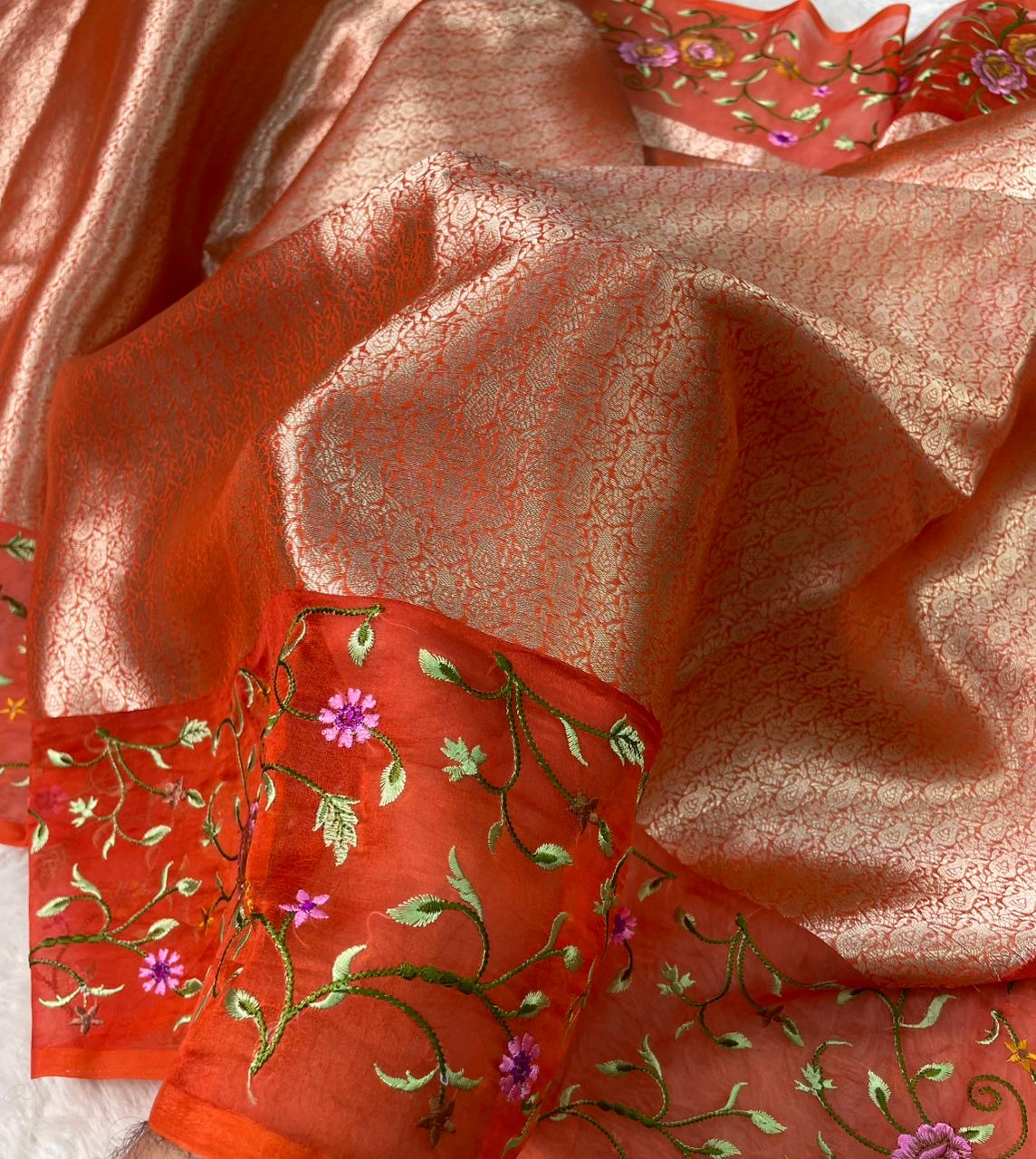Banarasi Handloom Pure Kora Brocade Saree with Heavy Petit Point Embroidery