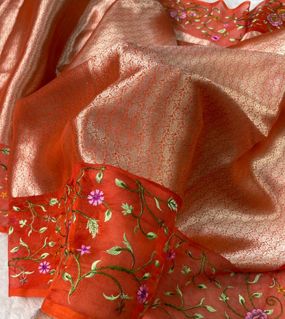 Banarasi Handloom Pure Kora Brocade Saree with Heavy Petit Point Embroidery