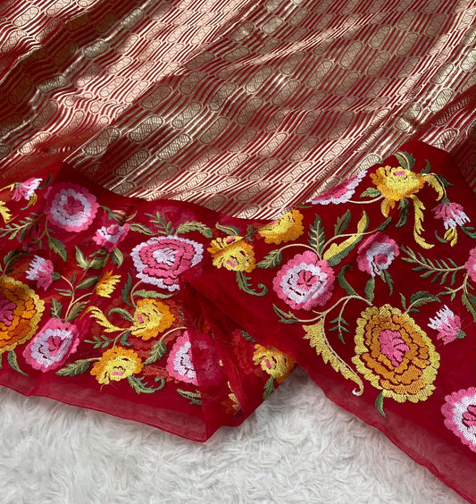 Kora Brocade Petit Point Embroidery Saree