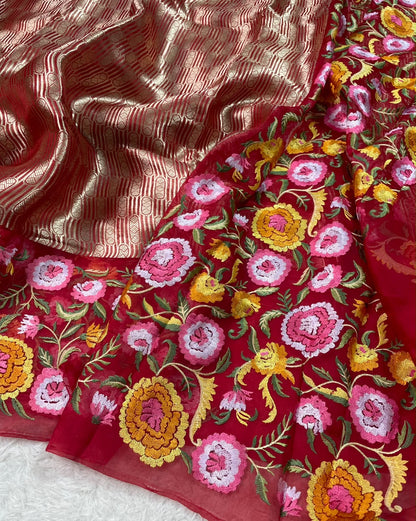 Kora Brocade Petit Point Embroidery Saree