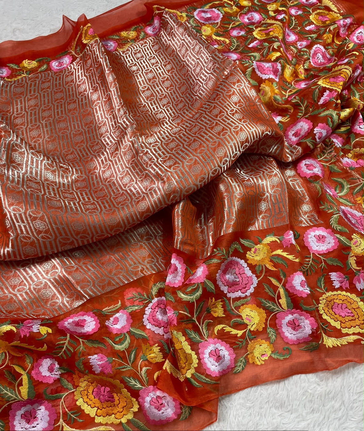 Kora Brocade Petit Point Embroidery Saree