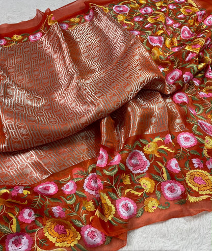 Kora Brocade Petit Point Embroidery Saree
