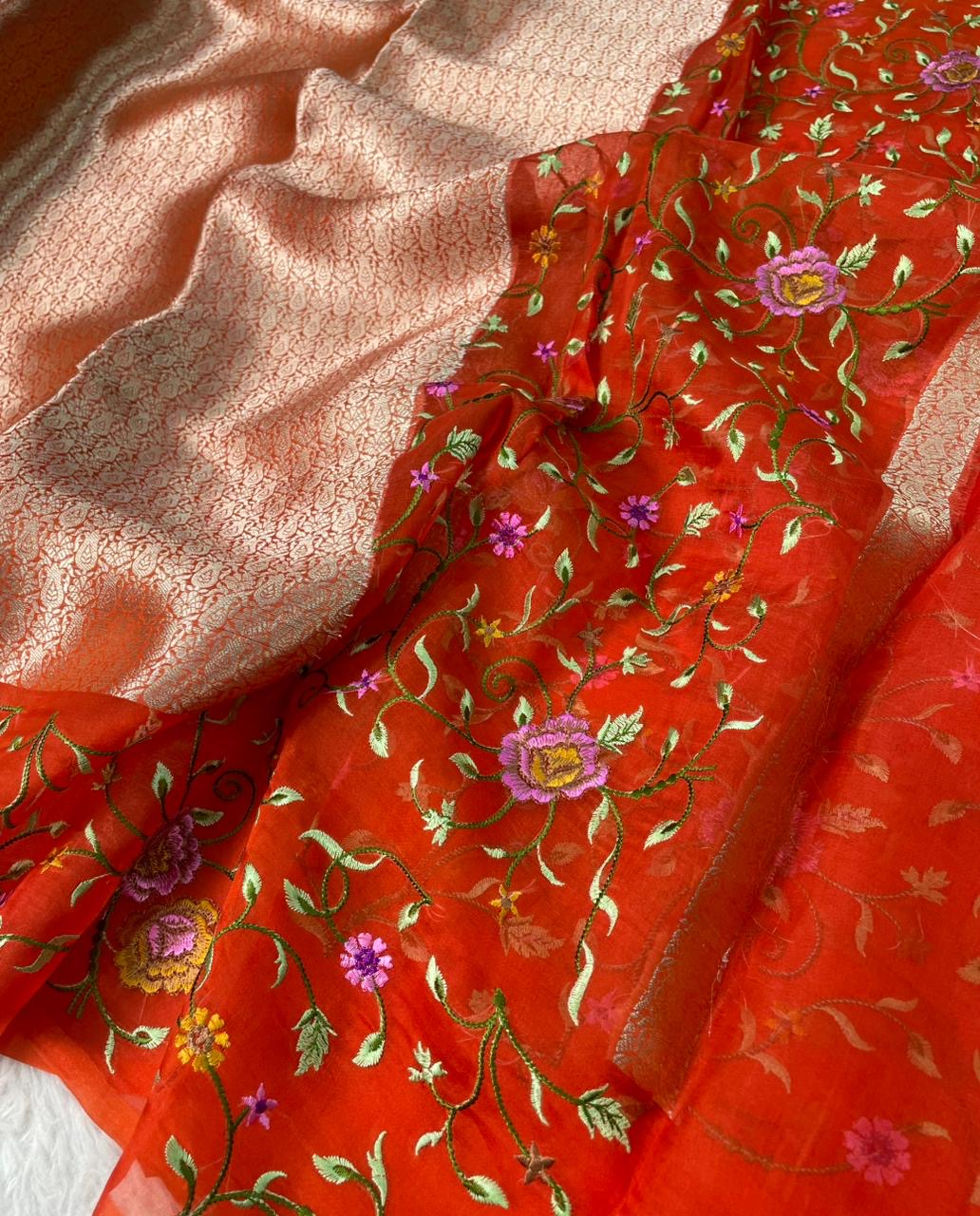 Banarasi Handloom Pure Kora Brocade Saree with Heavy Petit Point Embroidery