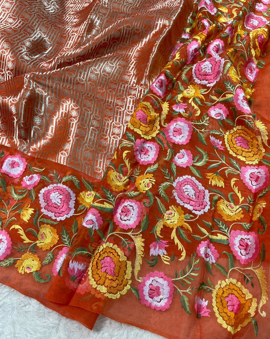 Kora Brocade Petit Point Embroidery Saree