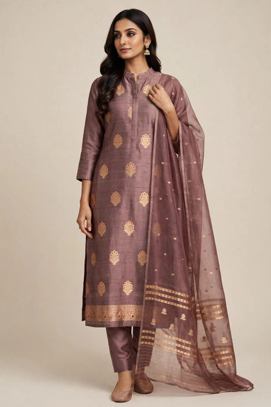 PURE RAW SILK KADHWA SILK SUIT SET WITH PURE KORA DUPATTA