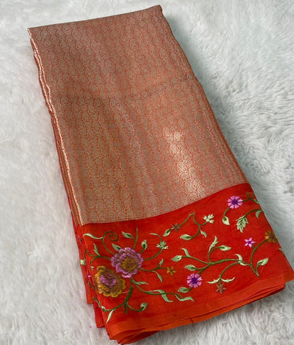 Banarasi Handloom Pure Kora Brocade Saree with Heavy Petit Point Embroidery