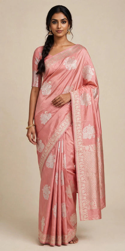 Handloom Pure Katan Silk Ektara Kadhwa Butta Woven Saree