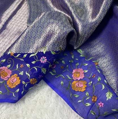 Banarasi Handloom Pure Kora Brocade Saree with Heavy Petit Point Embroidery