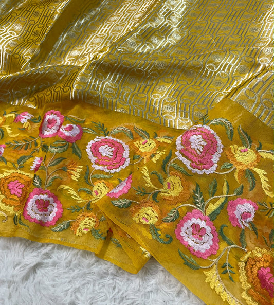 Kora Brocade Petit Point Embroidery Saree