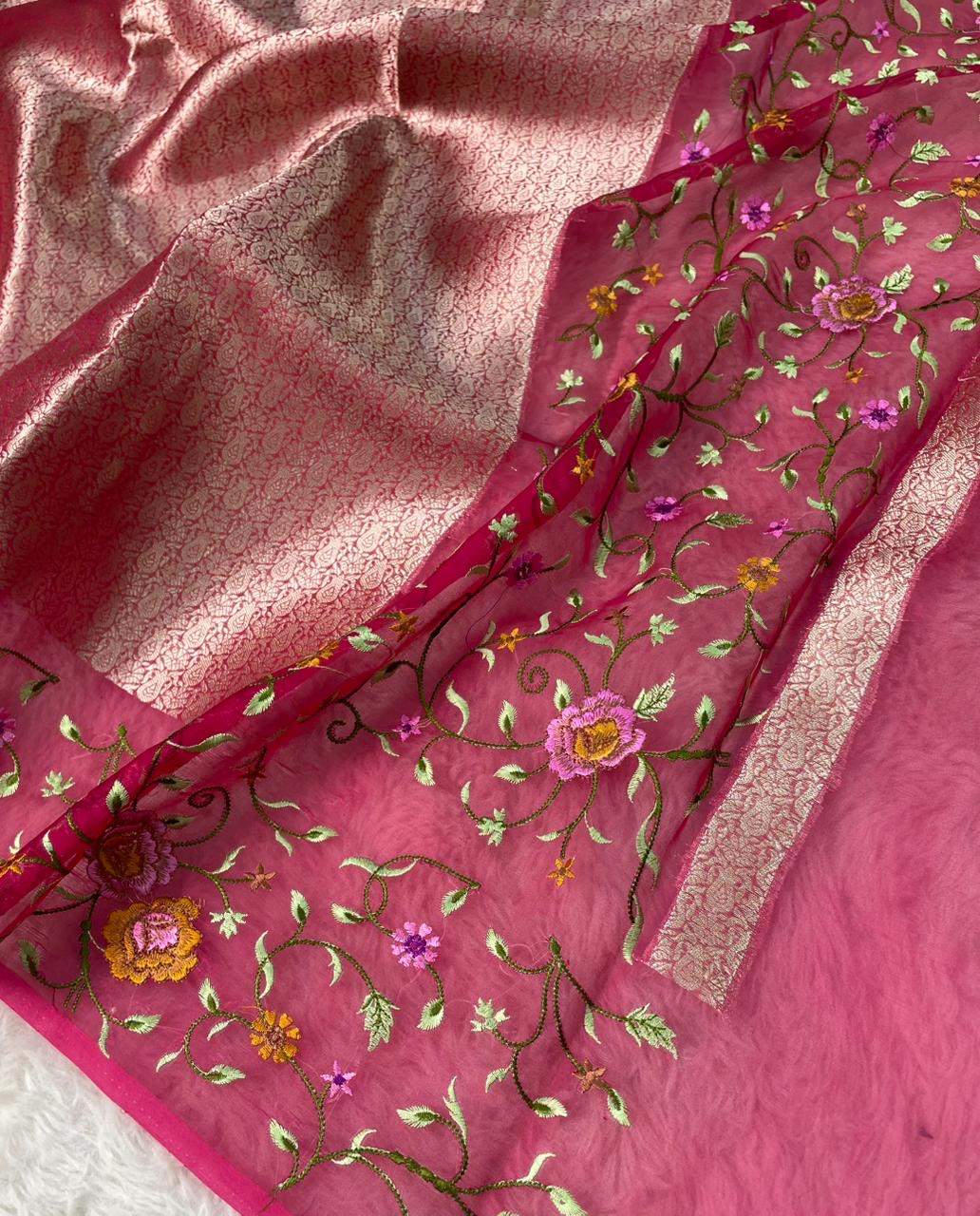 Banarasi Handloom Pure Kora Brocade Saree with Heavy Petit Point Embroidery