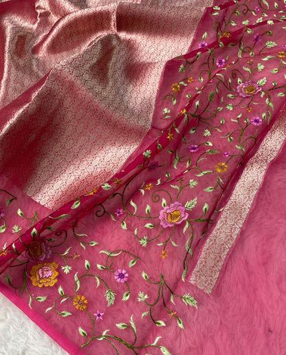 Banarasi Handloom Pure Kora Brocade Saree with Heavy Petit Point Embroidery