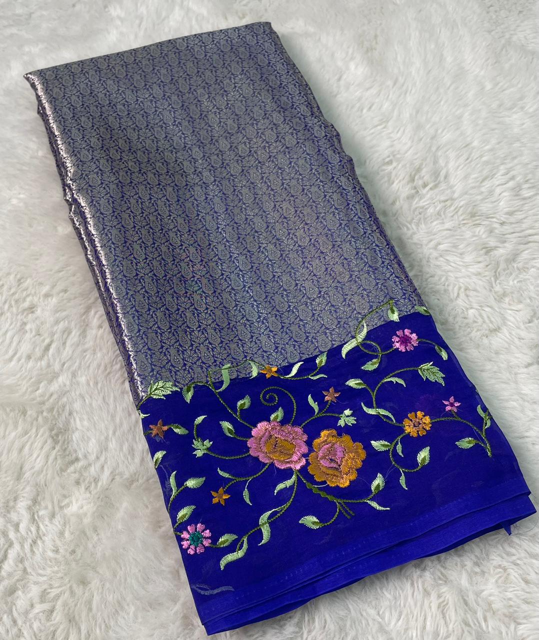 Banarasi Handloom Pure Kora Brocade Saree with Heavy Petit Point Embroidery