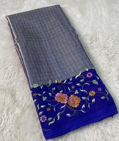 Banarasi Handloom Pure Kora Brocade Saree with Heavy Petit Point Embroidery