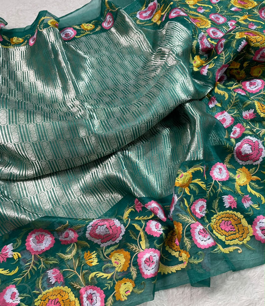 Kora Brocade Petit Point Embroidery Saree