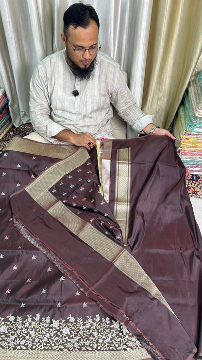 Handloom Pure Katan Silk Ektara Kadhwa Butta Woven Saree