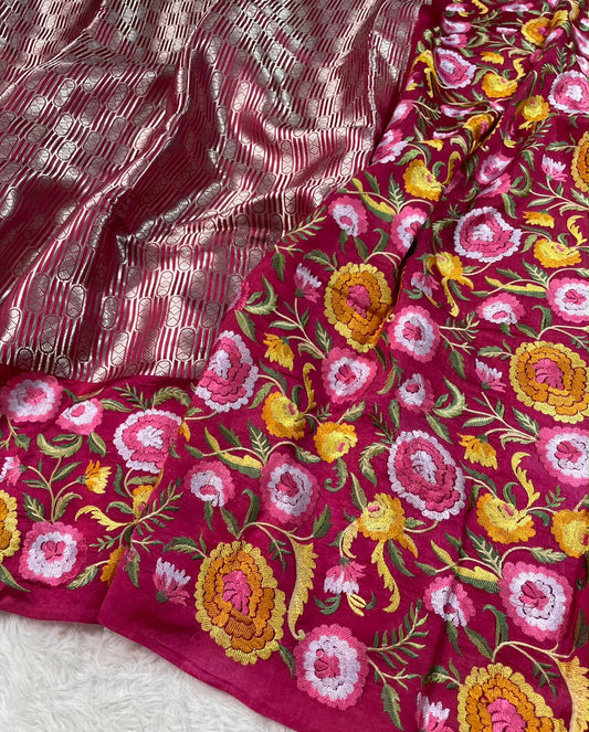 Kora Brocade Petit Point Embroidery Saree