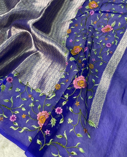 Banarasi Handloom Pure Kora Brocade Saree with Heavy Petit Point Embroidery