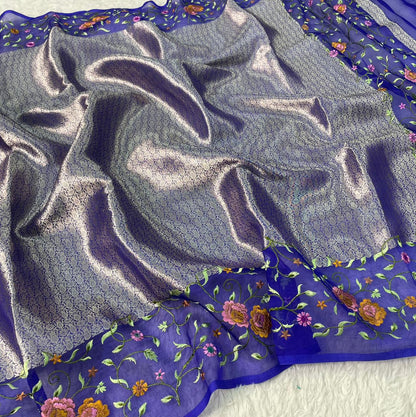 Banarasi Handloom Pure Kora Brocade Saree with Heavy Petit Point Embroidery