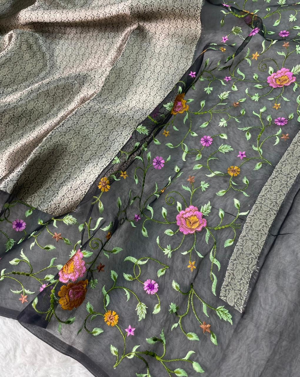 Banarasi Handloom Pure Kora Brocade Saree with Heavy Petit Point Embroidery