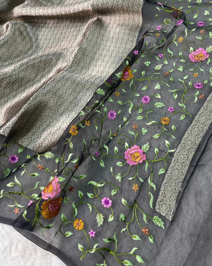 Banarasi Handloom Pure Kora Brocade Saree with Heavy Petit Point Embroidery