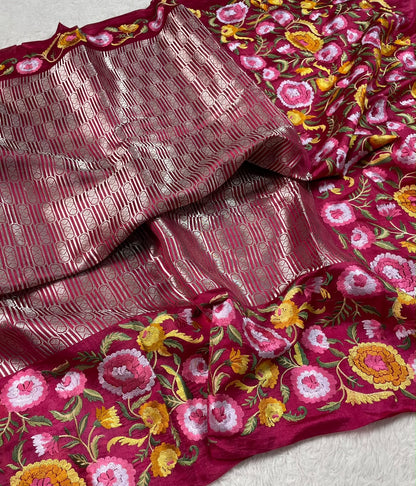 Kora Brocade Petit Point Embroidery Saree