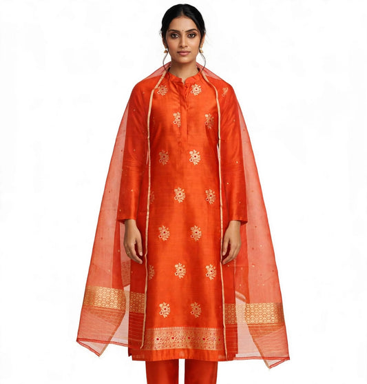 PURE RAW SILK KADHWA SILK SUIT SET WITH PURE KORA DUPATTA