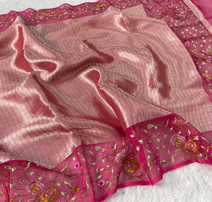 Banarasi Handloom Pure Kora Brocade Saree with Heavy Petit Point Embroidery