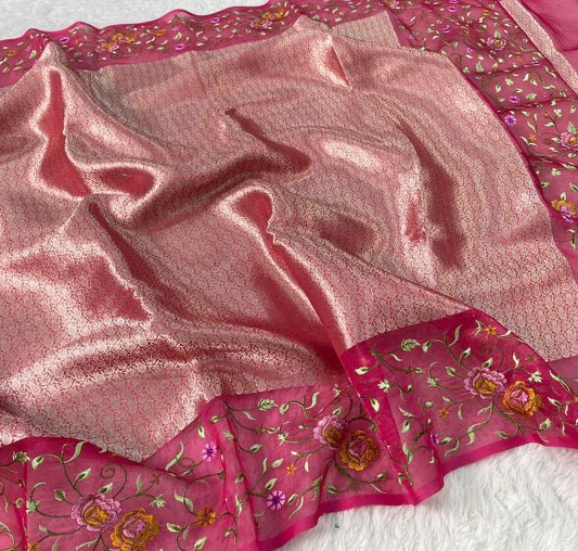 Banarasi Handloom Pure Kora Brocade Saree with Heavy Petit Point Embroidery