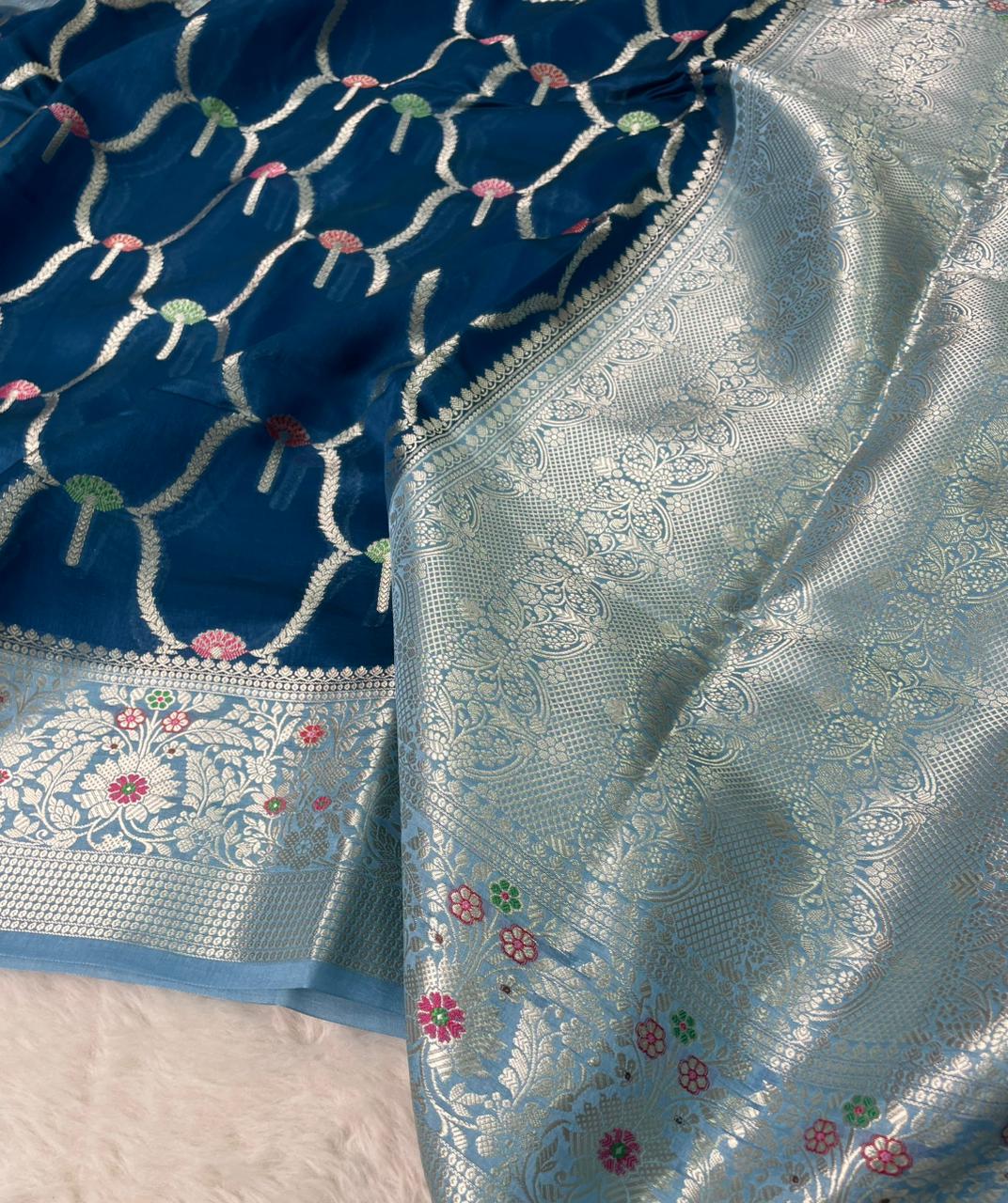 Banarasi Mango Silk Skirt Meena Border Jaal Design Saree
