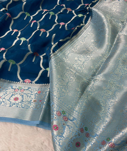 Banarasi Mango Silk Skirt Meena Border Jaal Design Saree
