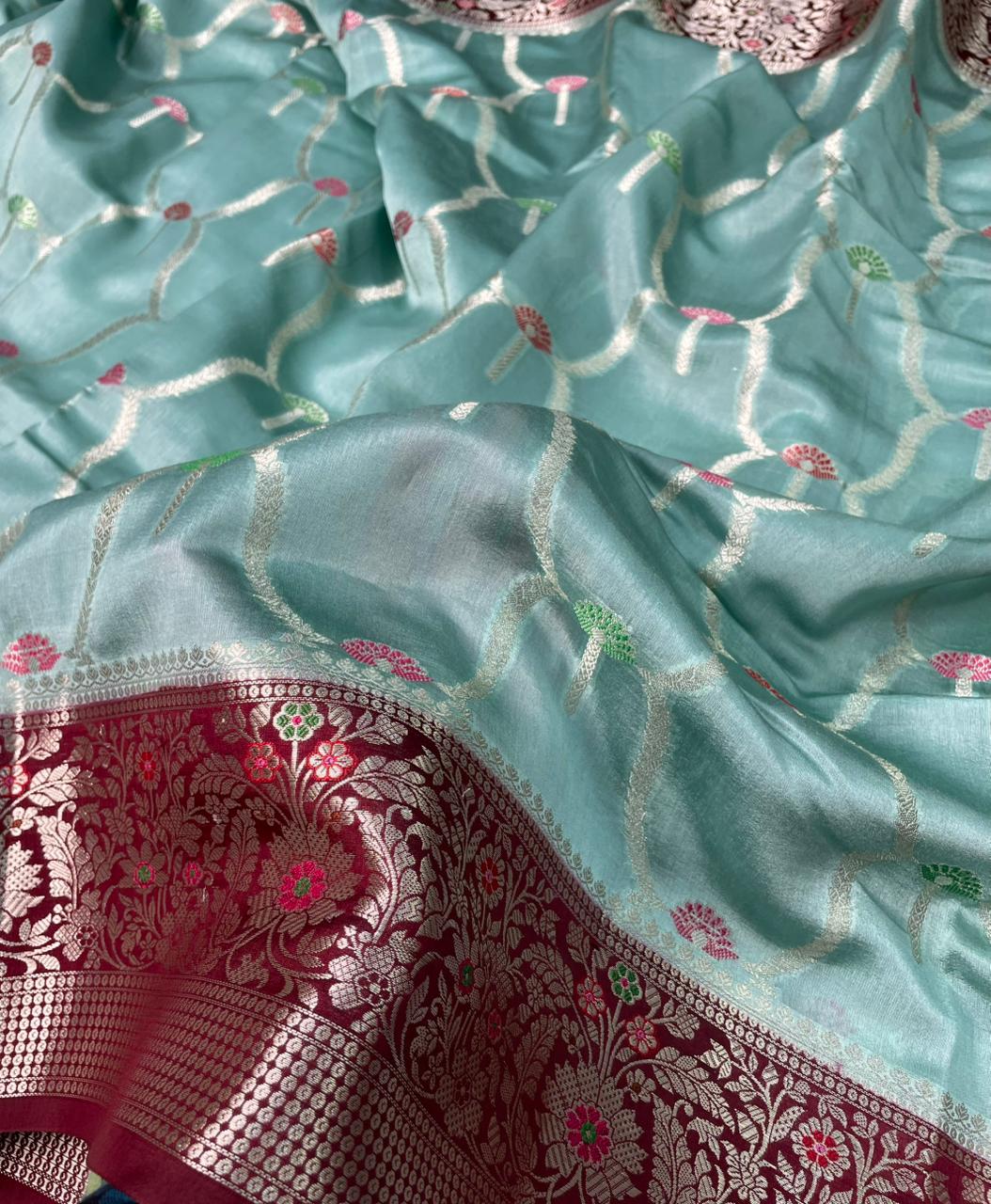 Banarasi Mango Silk Skirt Meena Border Jaal Design Saree