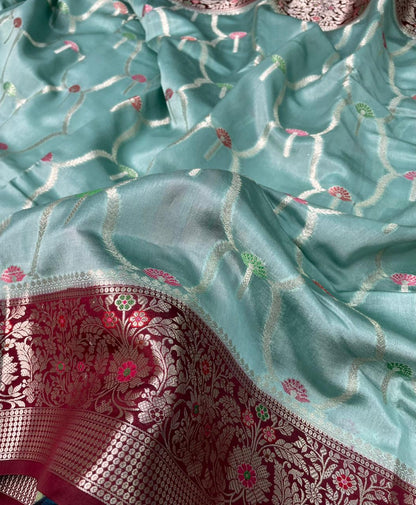Banarasi Mango Silk Skirt Meena Border Jaal Design Saree