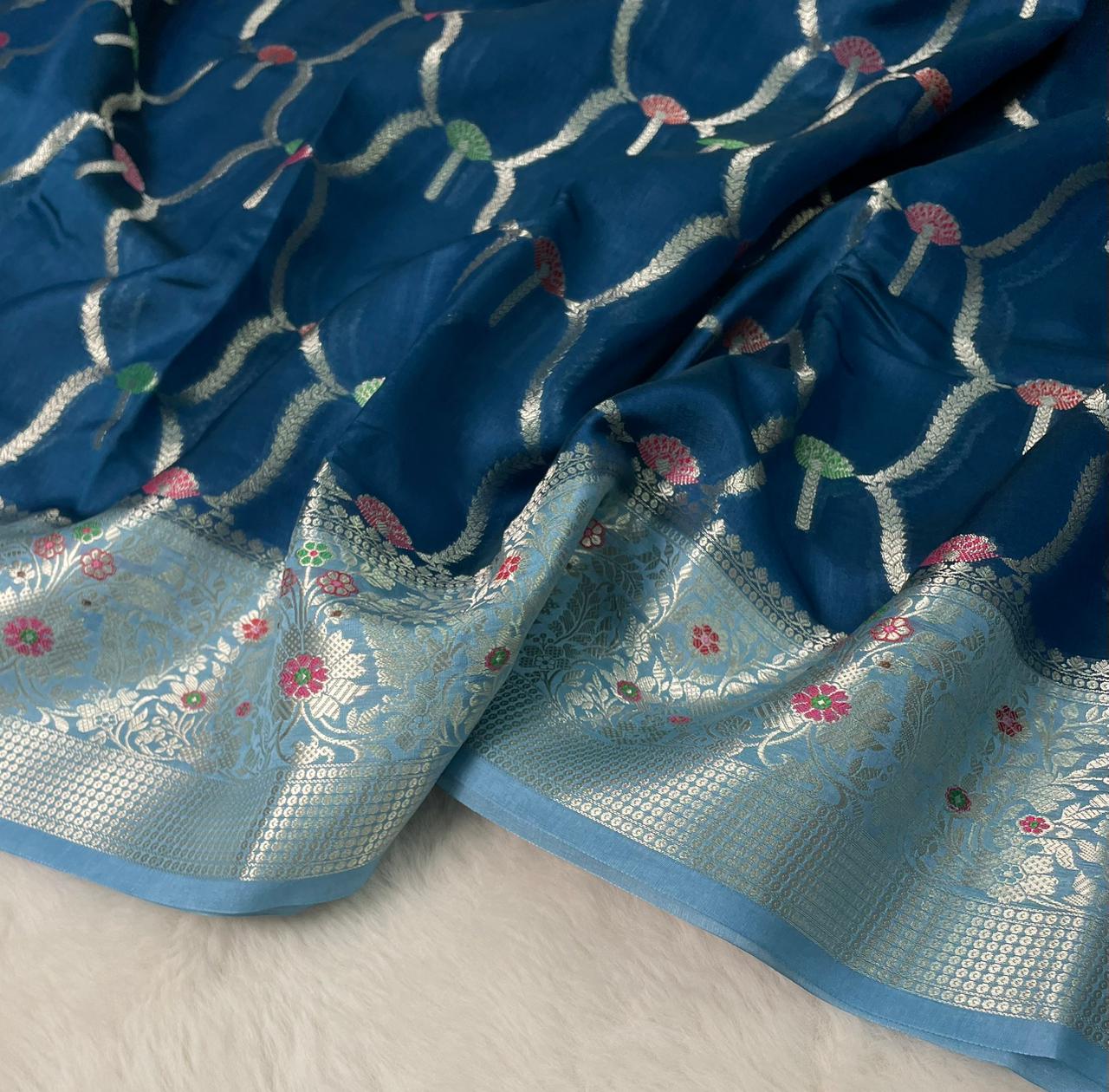Banarasi Mango Silk Skirt Meena Border Jaal Design Saree