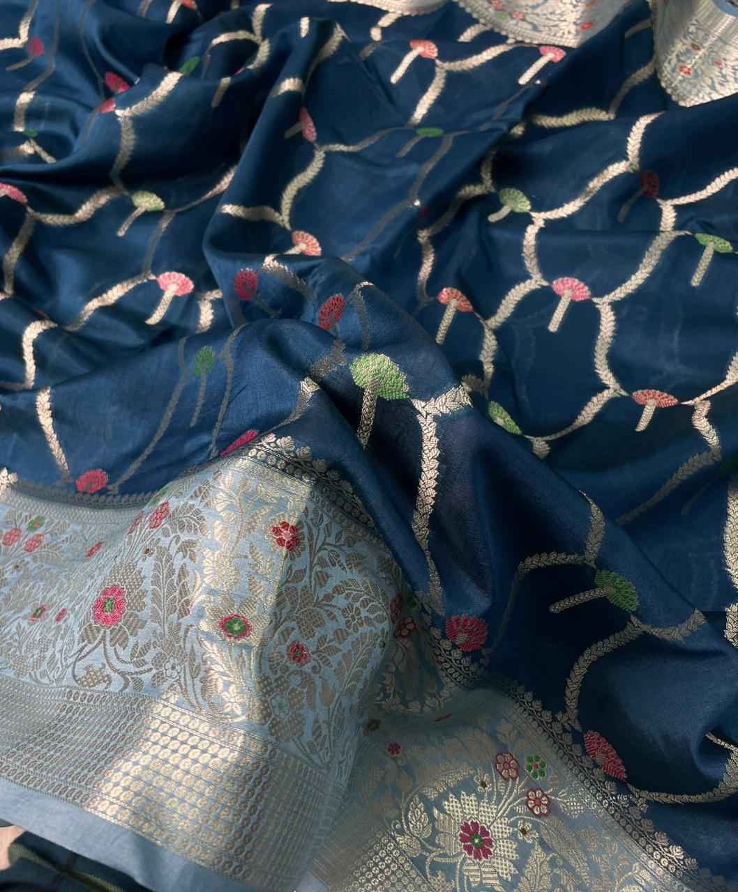 Banarasi Mango Silk Skirt Meena Border Jaal Design Saree