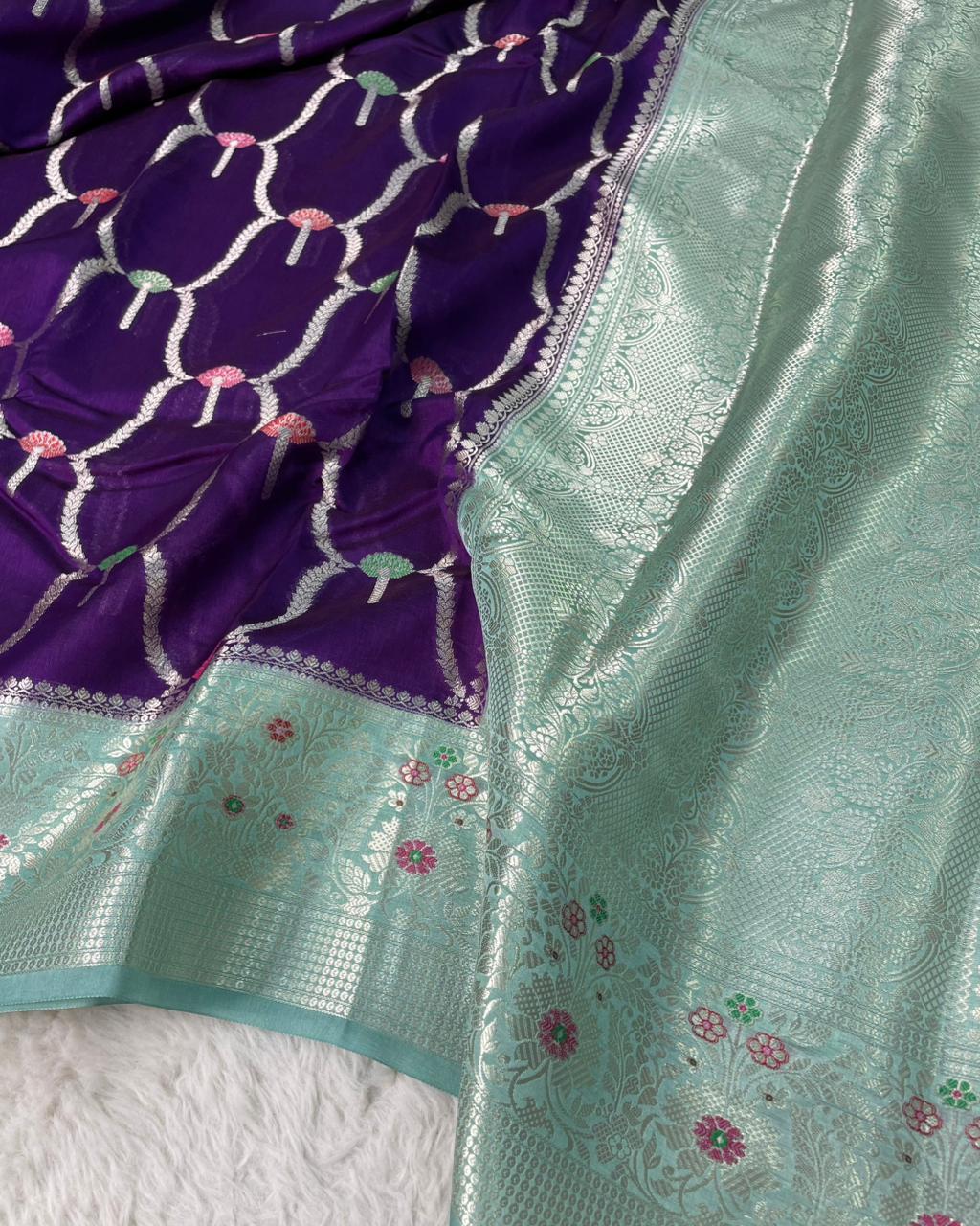 Banarasi Mango Silk Skirt Meena Border Jaal Design Saree