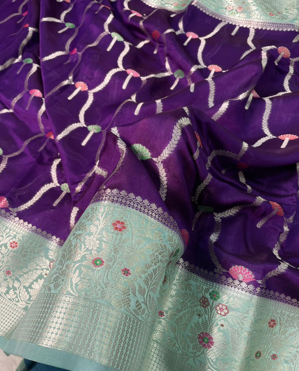Banarasi Mango Silk Skirt Meena Border Jaal Design Saree